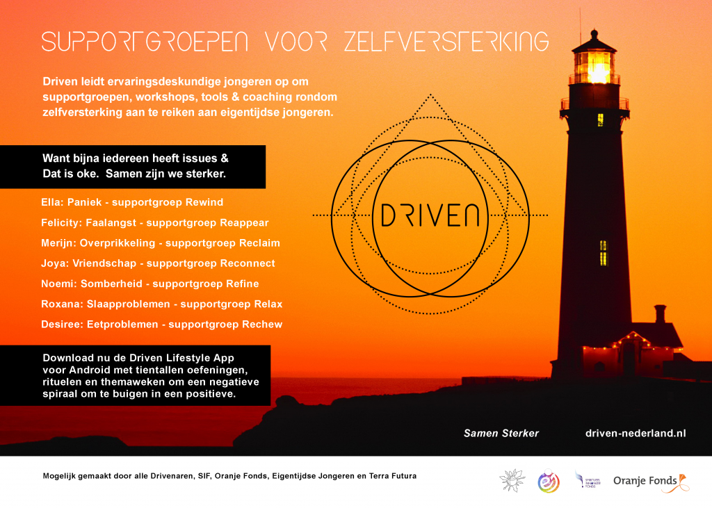 Driven Support Groepen voor Jongeren, bij angst, overprikkeling, paniek, eenzaamheid, eetproblemen, slaapproblemen en depressie.